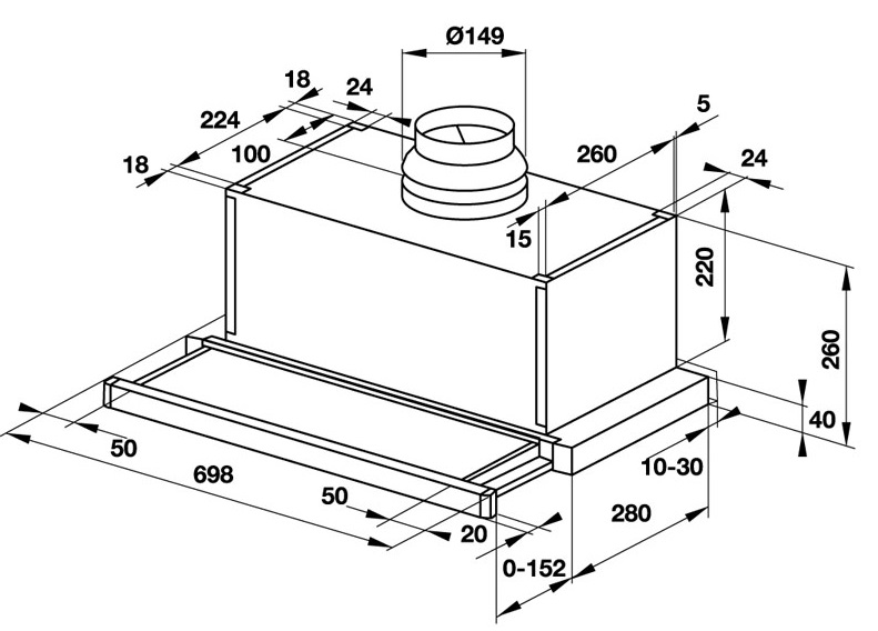 Kích thước máy hút mùi âm tủ Hafele HH-SG70A 533.89.021