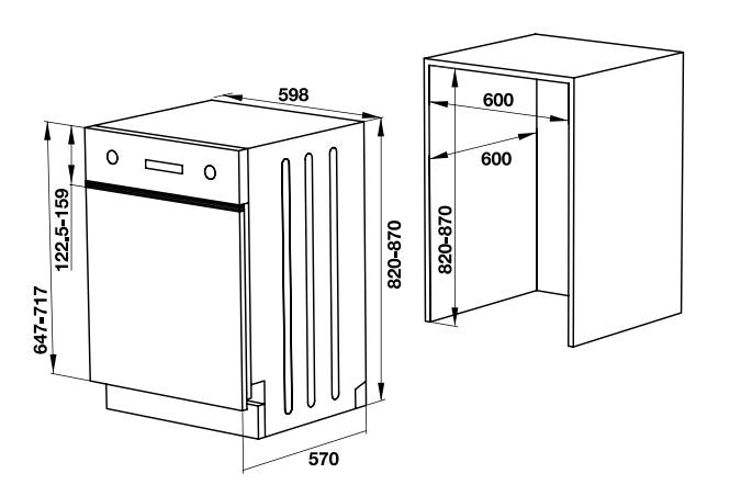Kích thước máy rửa chén bát âm bán phần Hafele HDW HI60B 533.23.210