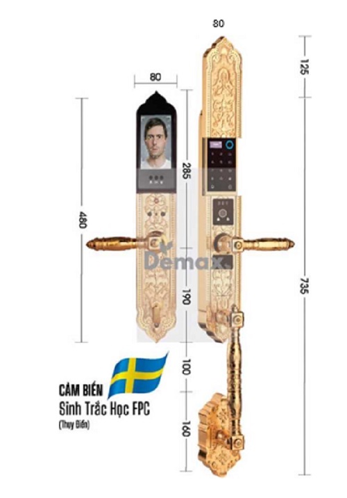 Khóa cửa đại sảnh - biệt thự Demax SL988 24K Brass App Wifi