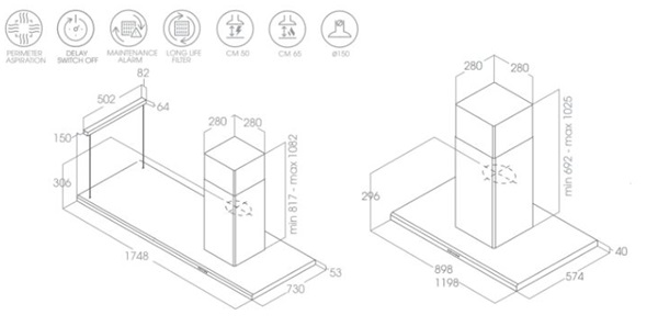 Kích thước máy hút mùi đảo Elica MOON IS IX/A/60X120 PRF0093541A