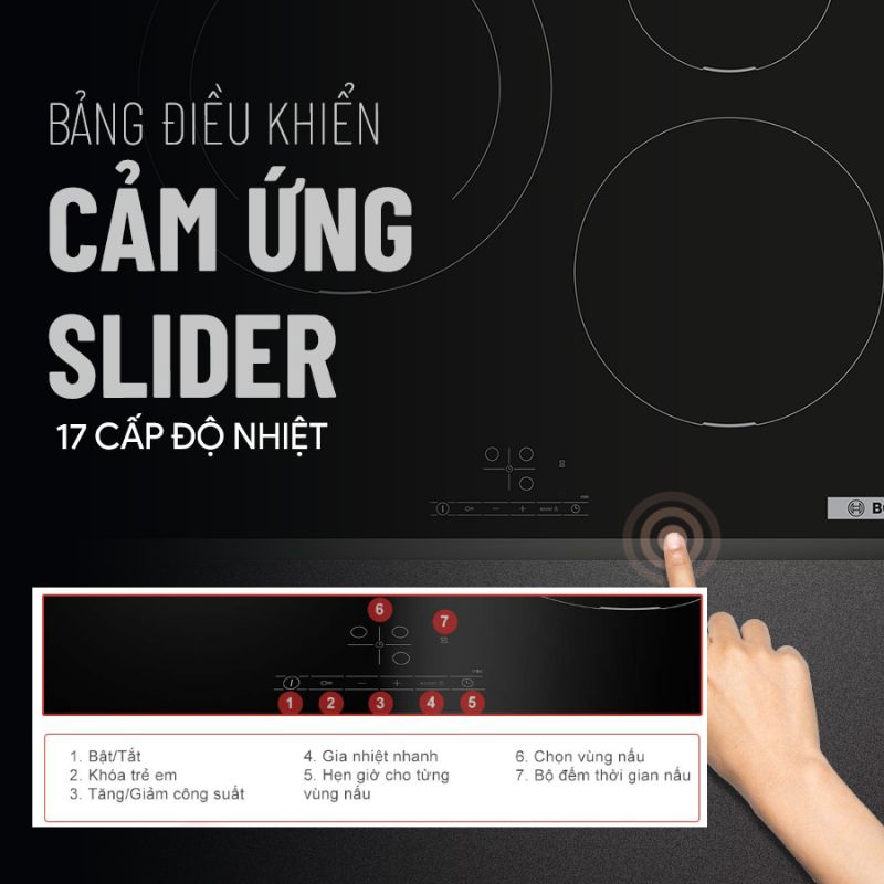 Bảng điều khiển bếp từ Bosch 3 vùng nấu PIJ631BB5E lắp âm