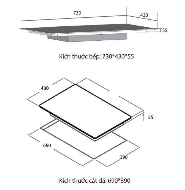 Kích thước bếp từ đôi Spelier STL 510S Plus lắp âm