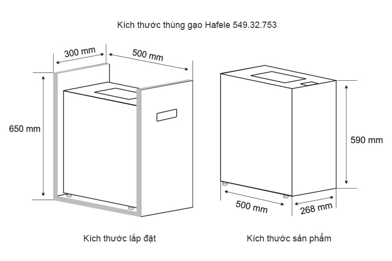 Kích thước thùng gạo Hafele 549.32.753