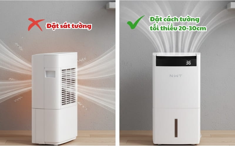 Lưu ý cách sử dụng máy hút ẩm đúng cách là không đặt sát tường