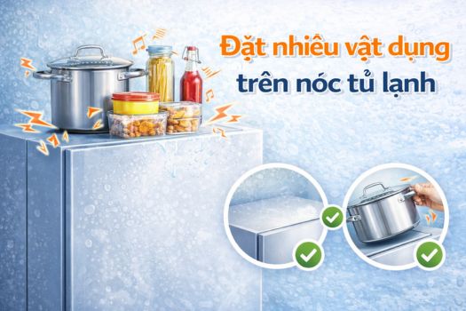 Đặt nhiều vật dụng trên nóc tủ lạnh
