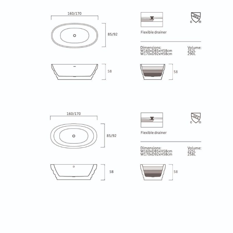 Bồn tắm EuroKing Hoop không massage EU-6030-1700 Nhám/Đen
