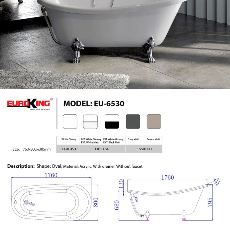 Bồn tắm Lily EuroKing không massage EU-6530Nâu/Xám