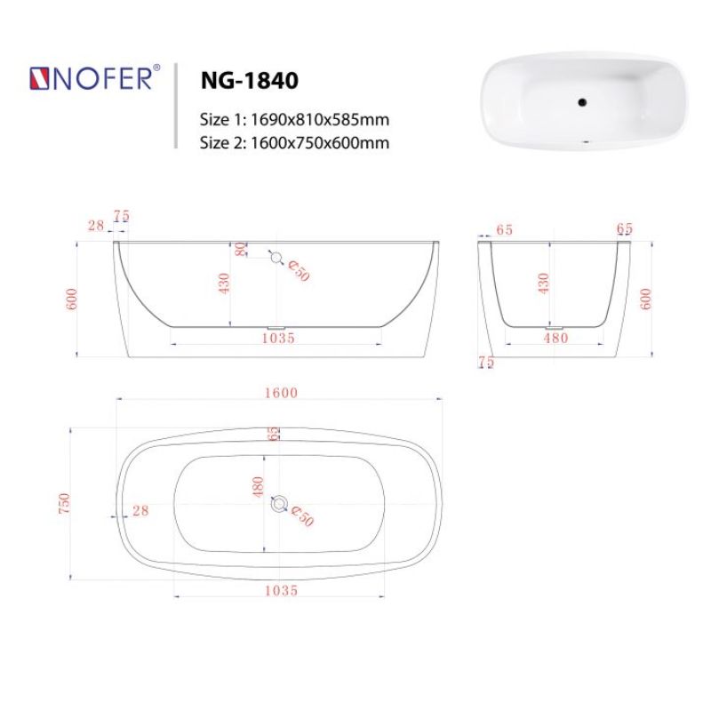 Bồn tắm EuroKing không massage NG-1840-1600