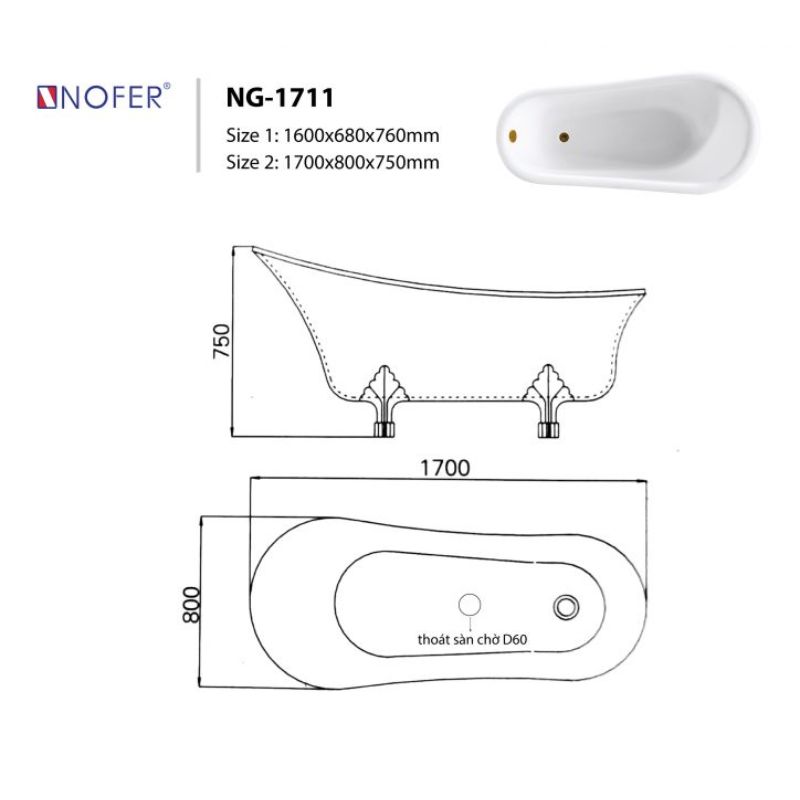 Bồn tắm EuroKing không massage NG-1711-1600(White+Gold)