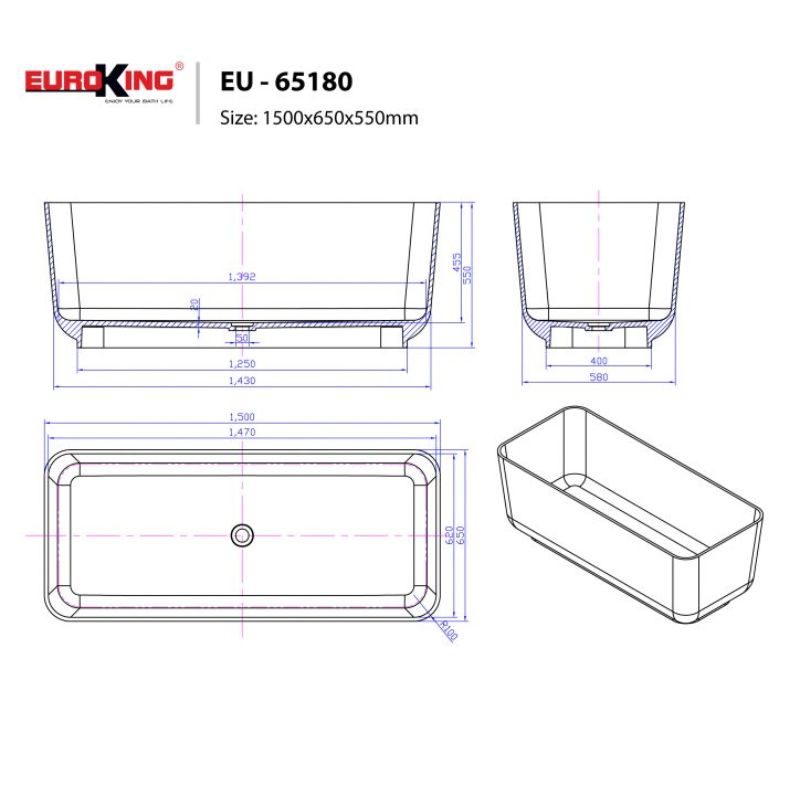Bồn tắm EuroKing không massage EU-65180White-Solid