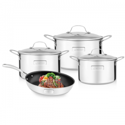 BỘ NỒI CHẢO INOX CAO CẤP 3 LỚP ĐÁY LIỀN TRI-MAX 4 CHIẾC SIZE 18CM, 20CM, 24CM VÀ CHẢO 26CM