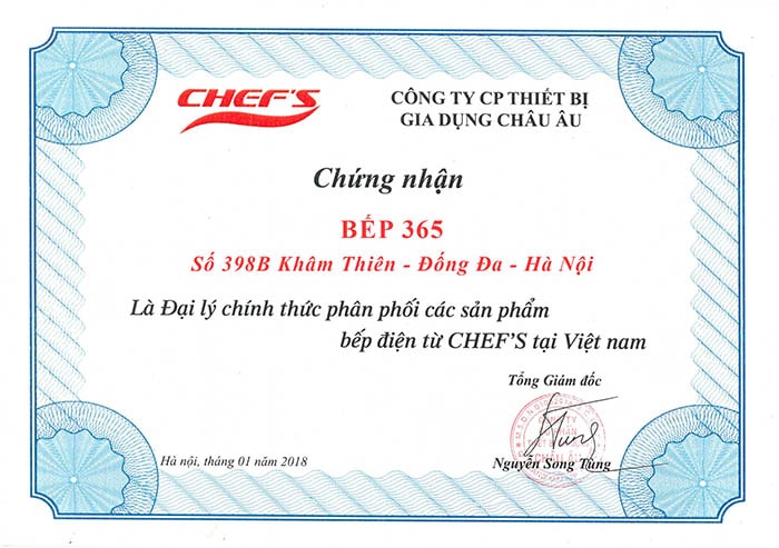 Giấy chứng nhận BẾP 365 là đại lý phân phối chính hãng Chefs